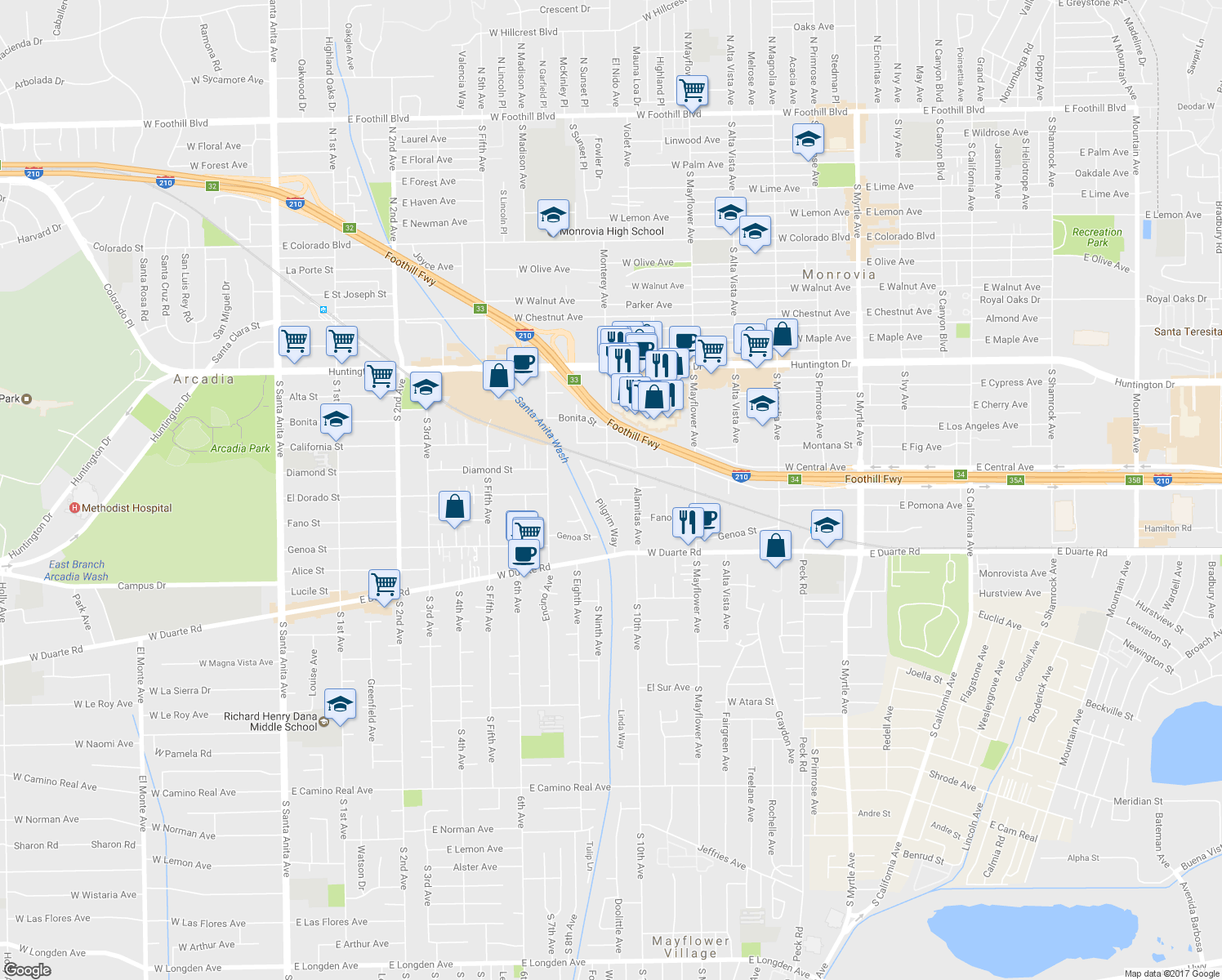 map of restaurants, bars, coffee shops, grocery stores, and more near 648 Anita Street in Monrovia