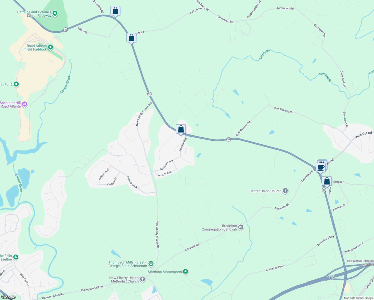 map of restaurants, bars, coffee shops, grocery stores, and more near 620 Hancock Avenue in Braselton