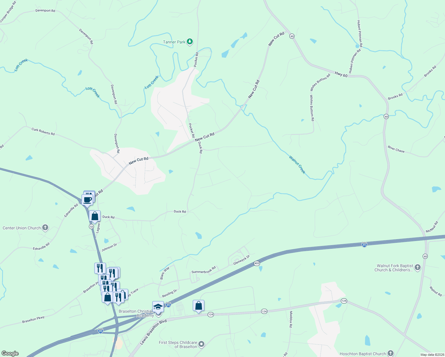 map of restaurants, bars, coffee shops, grocery stores, and more near 85 Mandy Ln in Braselton