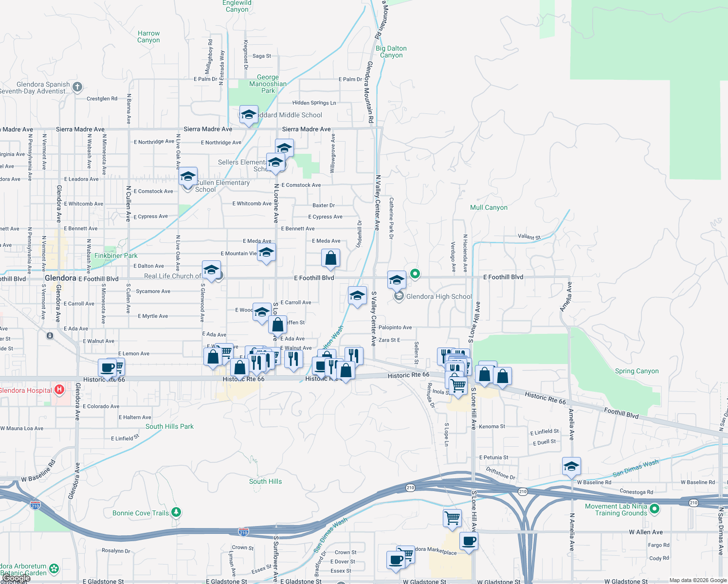 map of restaurants, bars, coffee shops, grocery stores, and more near 115 Oak Forest Circle in Glendora