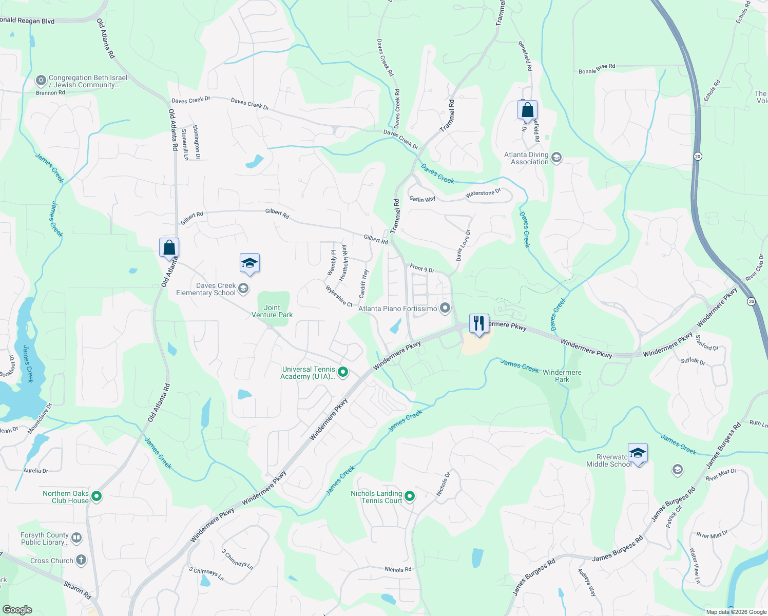 map of restaurants, bars, coffee shops, grocery stores, and more near 3350 Crooked Stick Dr in Cumming