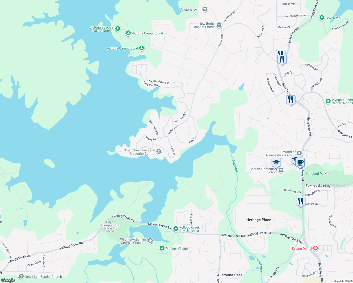 map of restaurants, bars, coffee shops, grocery stores, and more near 908 Pine Circle in Woodstock