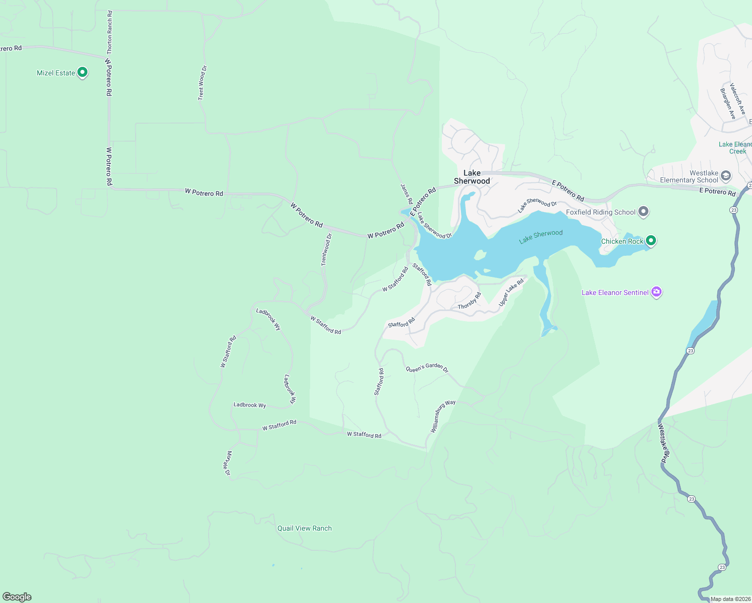 map of restaurants, bars, coffee shops, grocery stores, and more near 264 West Stafford Road in Thousand Oaks