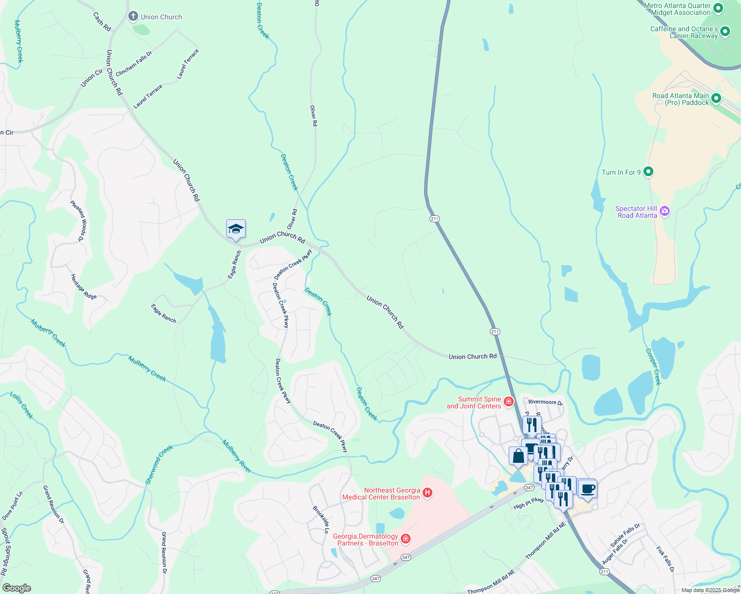 map of restaurants, bars, coffee shops, grocery stores, and more near 5757 Union Church Road in Braselton