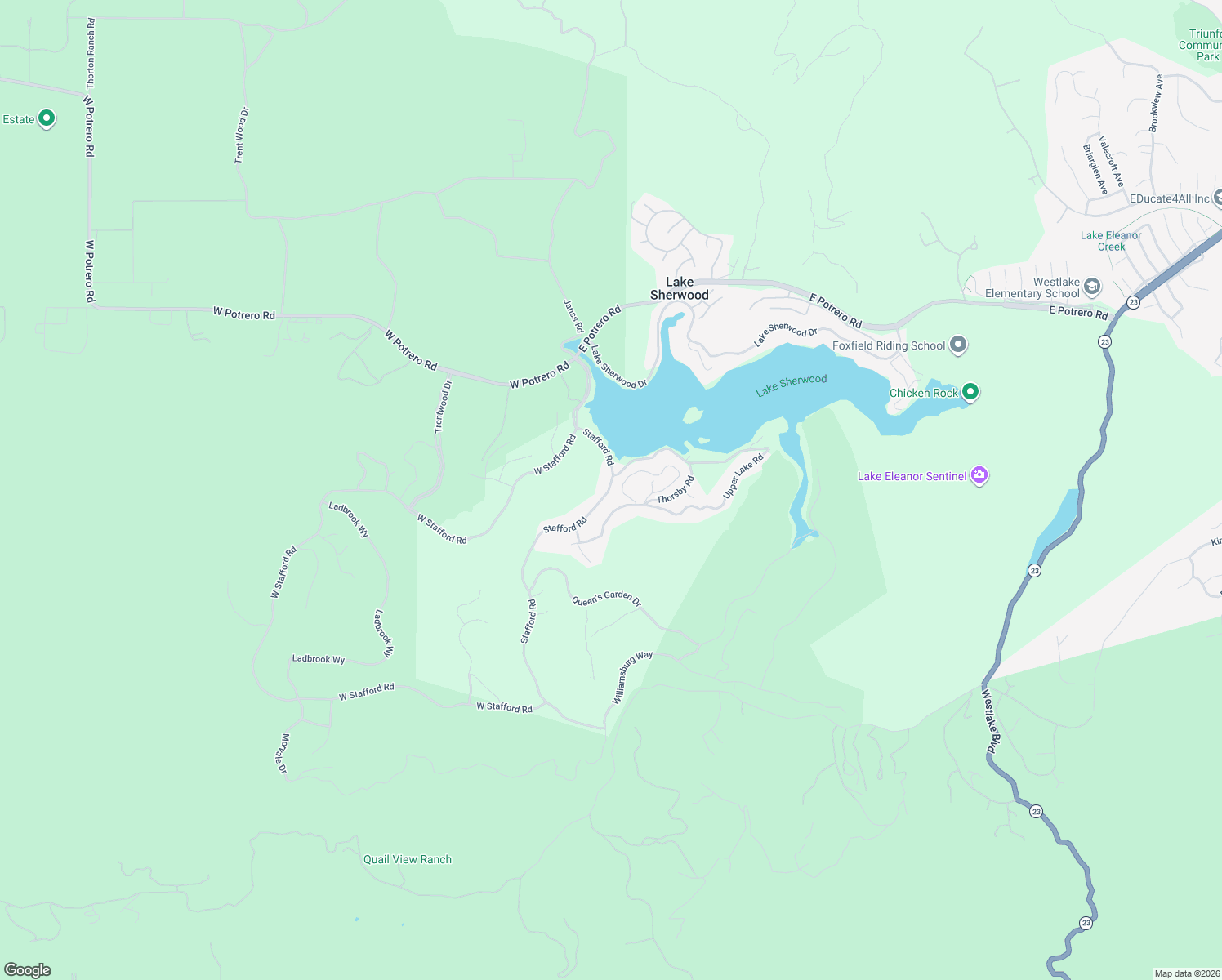 map of restaurants, bars, coffee shops, grocery stores, and more near 2308 Stafford Road in Thousand Oaks