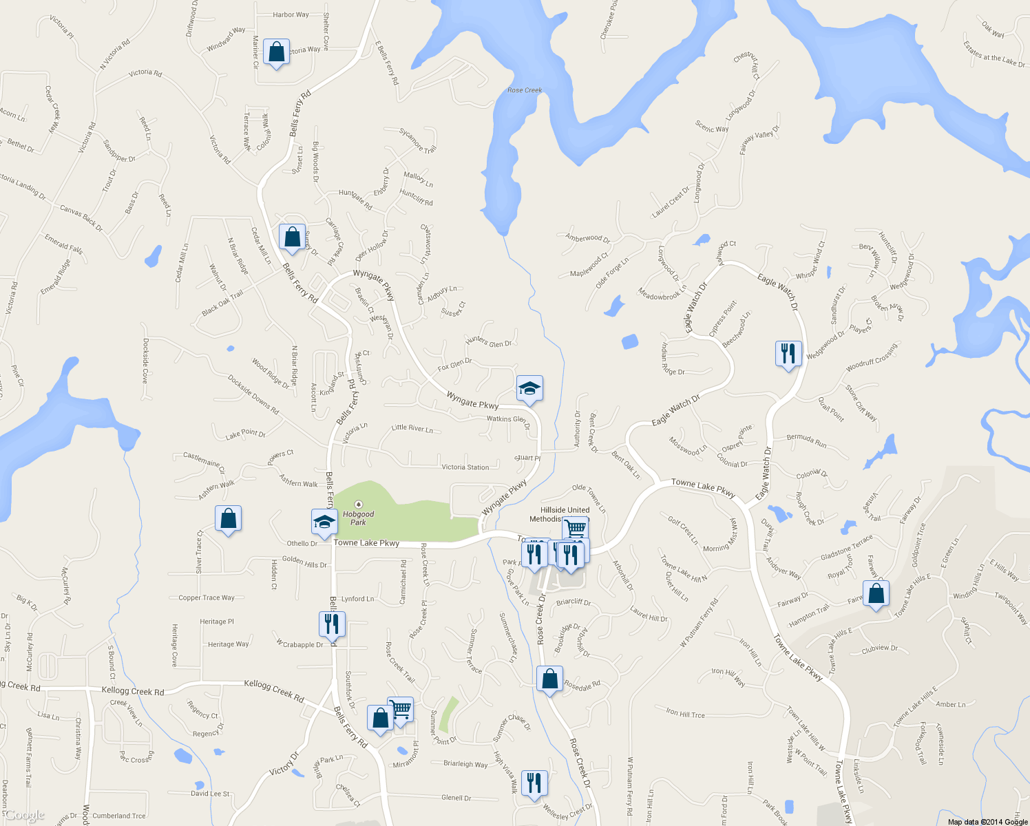 map of restaurants, bars, coffee shops, grocery stores, and more near 4047 Watkins Glen Dr in Woodstock