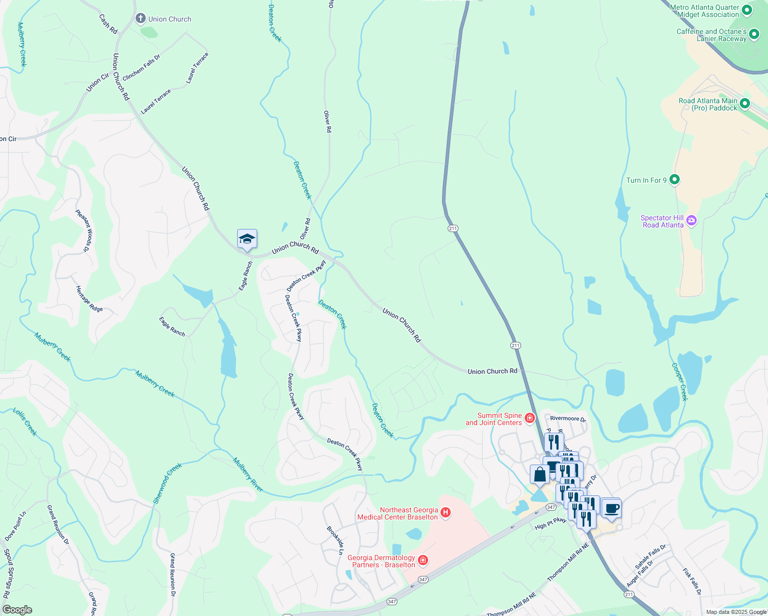 map of restaurants, bars, coffee shops, grocery stores, and more near 5753 Union Church Road in Braselton
