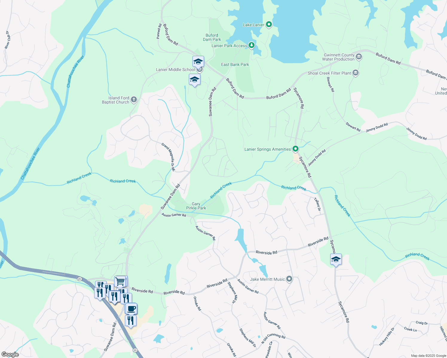 map of restaurants, bars, coffee shops, grocery stores, and more near 6468 Pierless Avenue Northeast in Sugar Hill