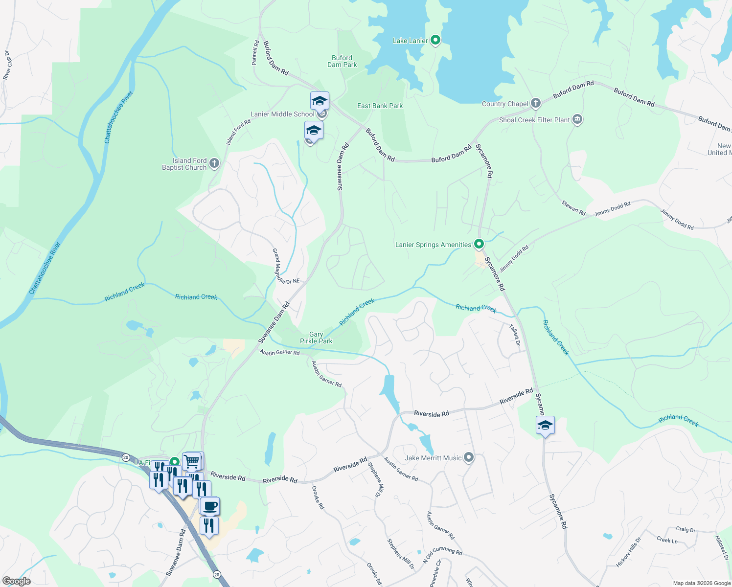 map of restaurants, bars, coffee shops, grocery stores, and more near 6448 Pierless Avenue Northeast in Sugar Hill