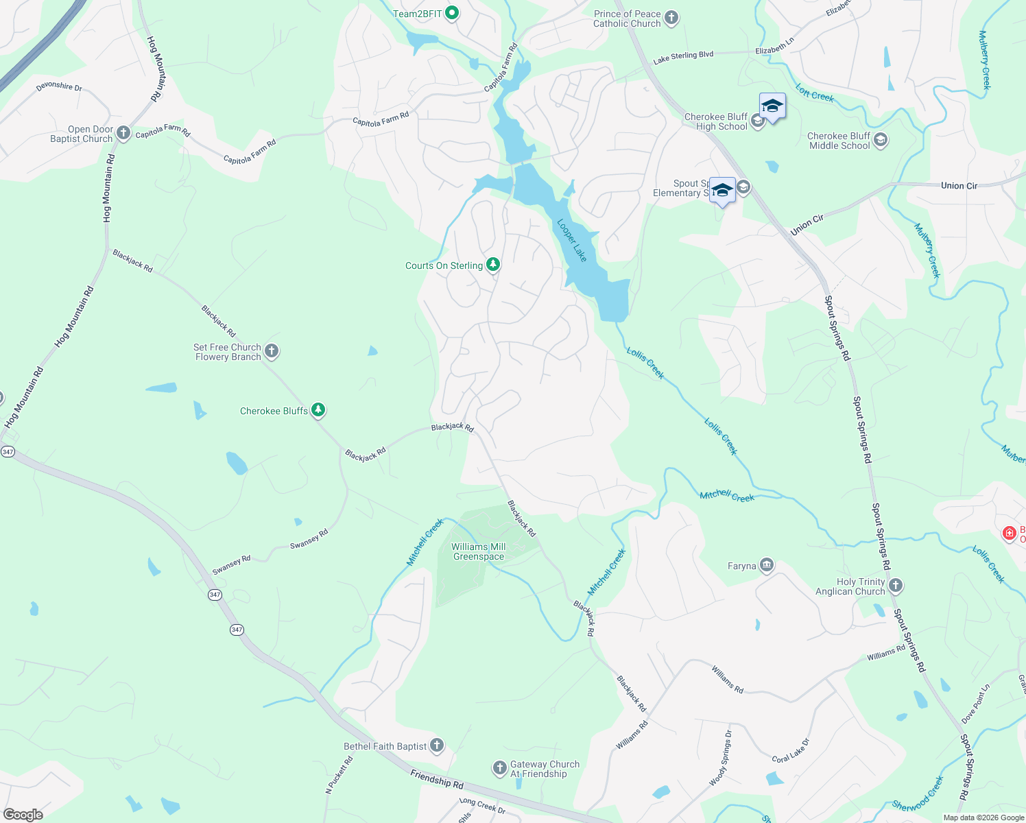 map of restaurants, bars, coffee shops, grocery stores, and more near 7840 Keepsake Lane in Flowery Branch