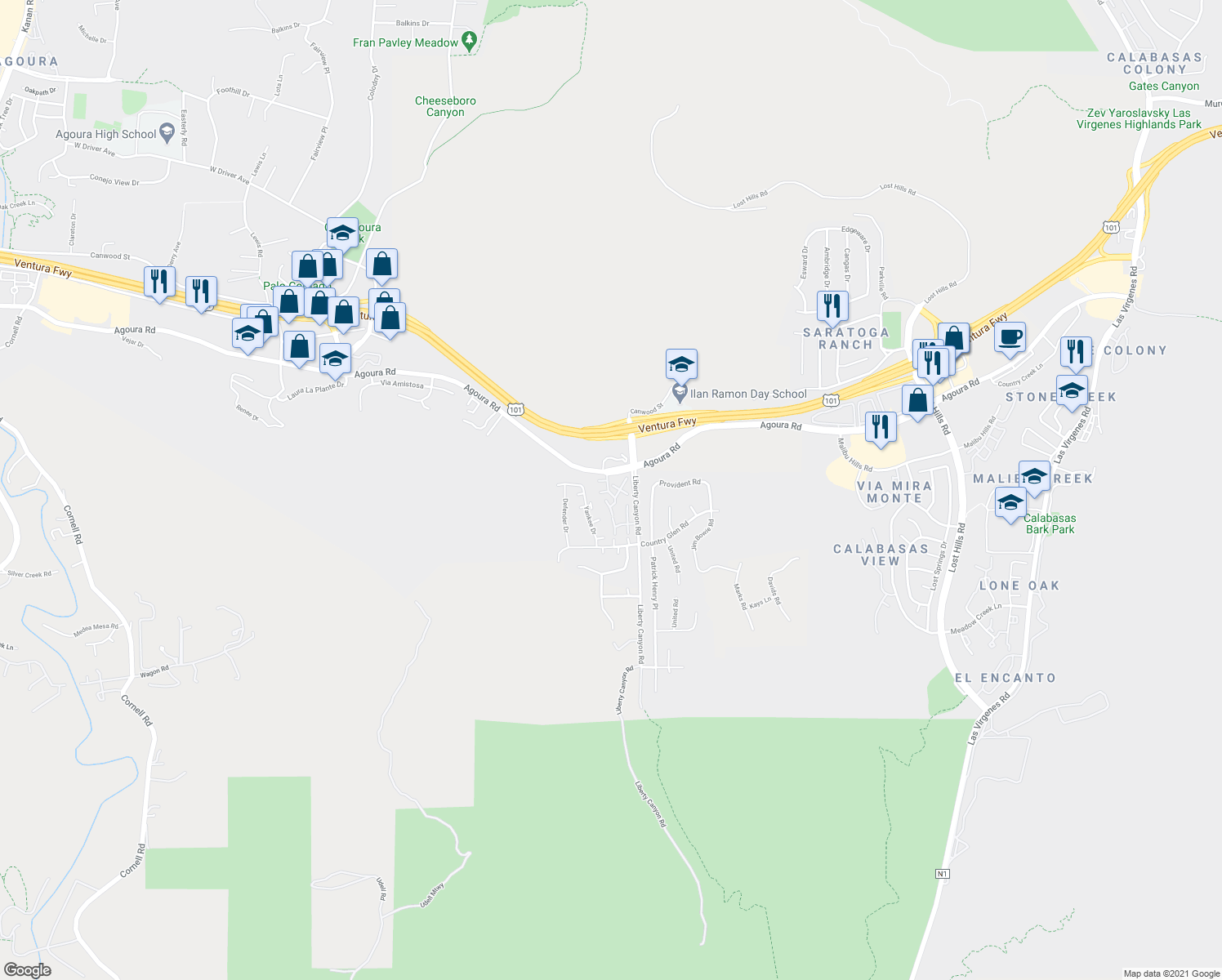 map of restaurants, bars, coffee shops, grocery stores, and more near 27532 Rondell Street in Agoura Hills