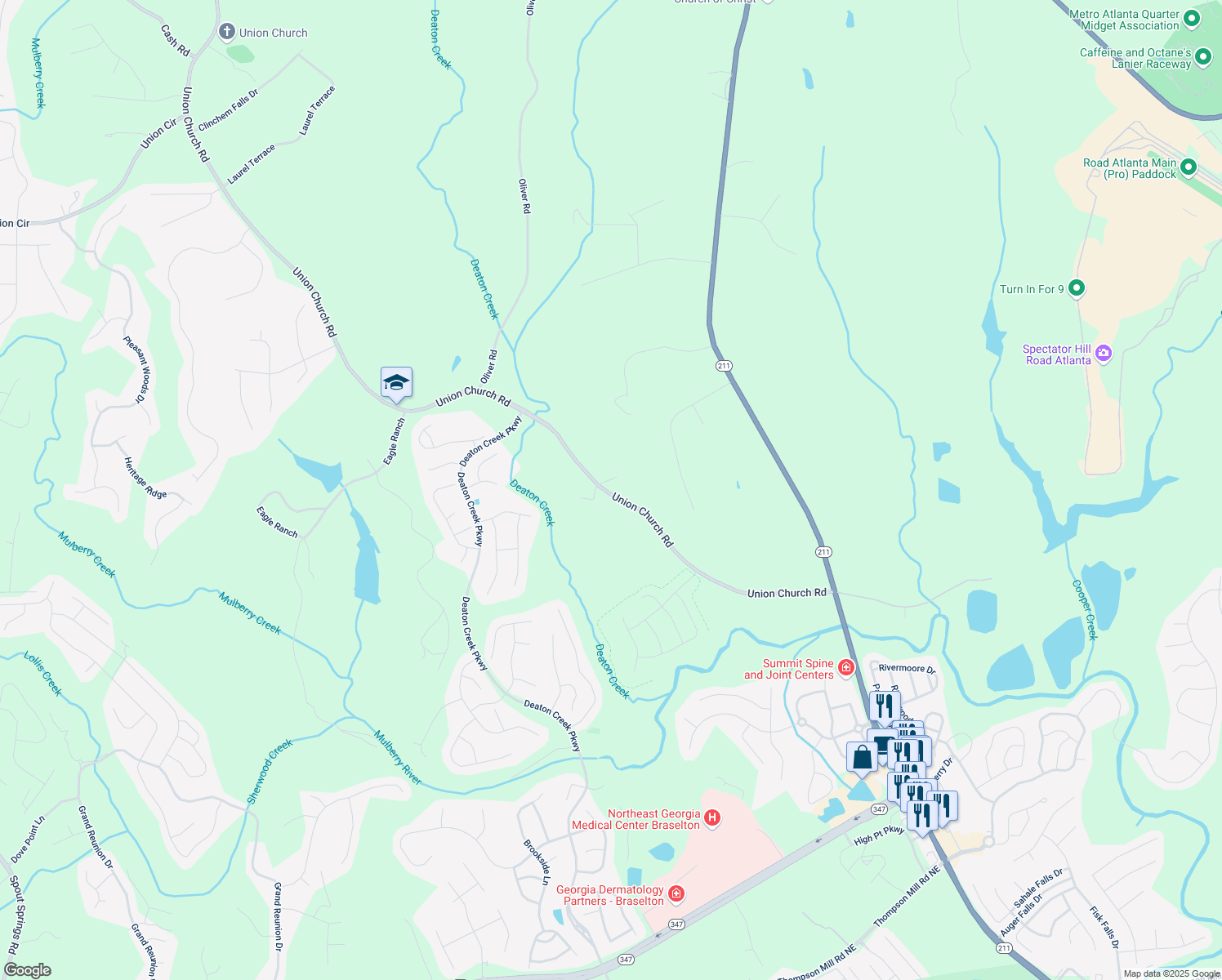 map of restaurants, bars, coffee shops, grocery stores, and more near 5749 Union Church Road in Braselton