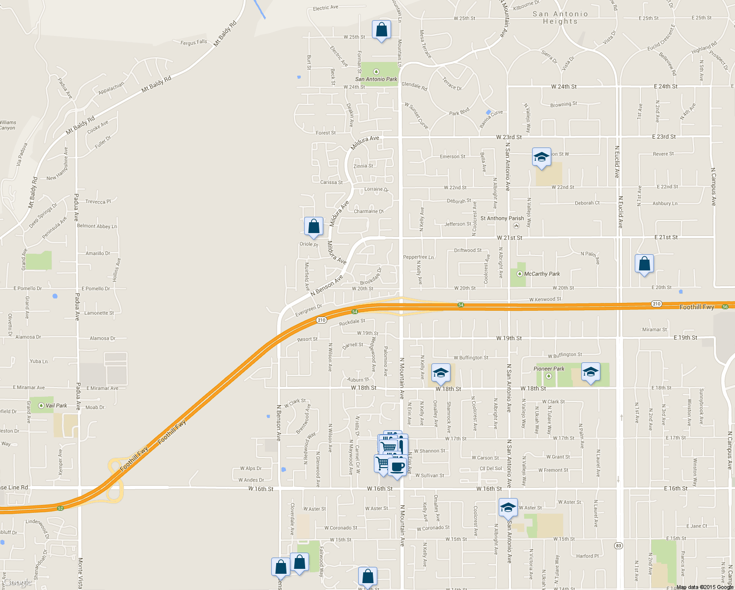 map of restaurants, bars, coffee shops, grocery stores, and more near 1989 White Rabbit Trail in Upland