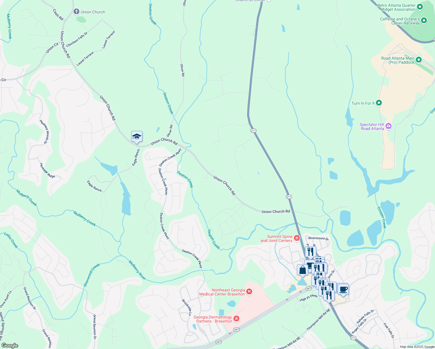 map of restaurants, bars, coffee shops, grocery stores, and more near 5745 Union Church Road in Braselton