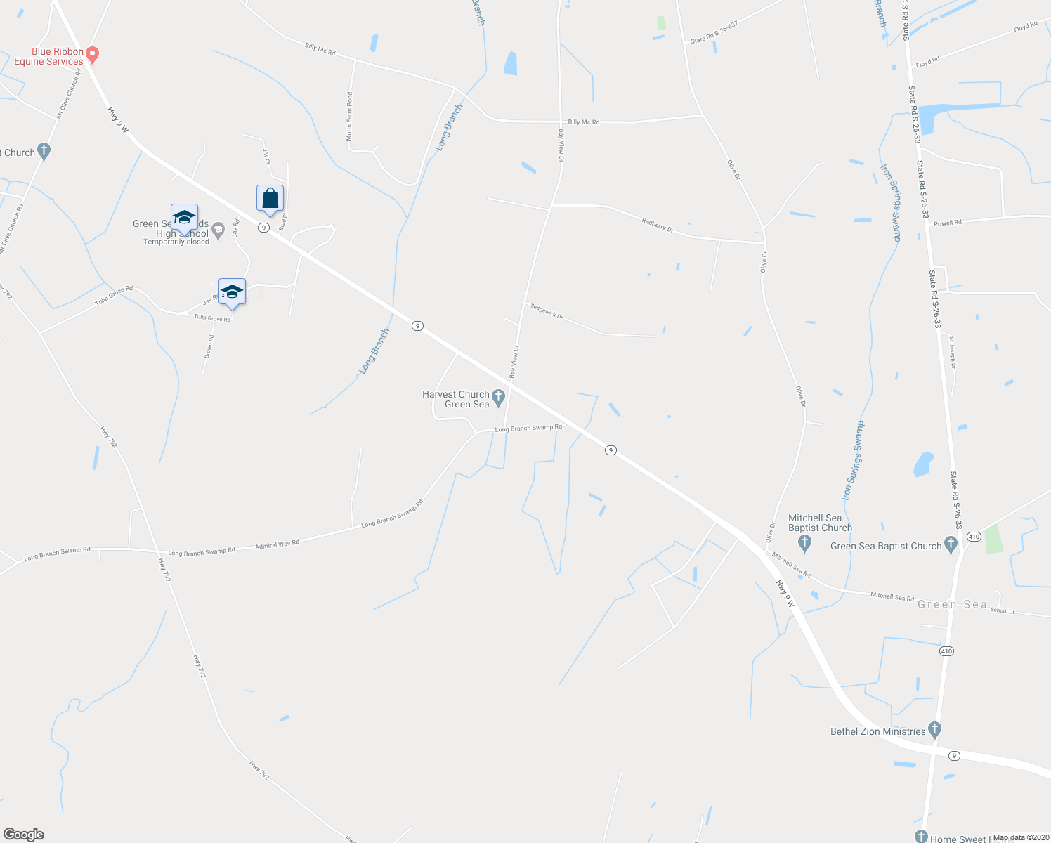 map of restaurants, bars, coffee shops, grocery stores, and more near 4588 Long Branch Swamp Road in Green Sea