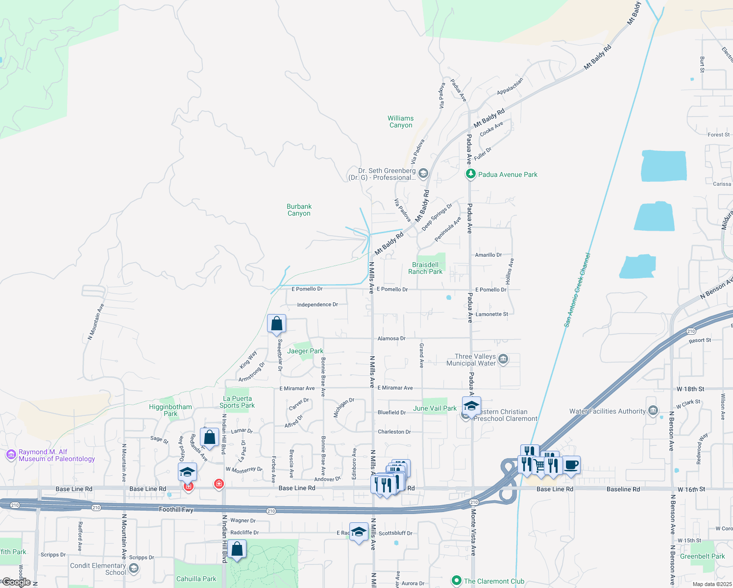map of restaurants, bars, coffee shops, grocery stores, and more near 3643 North Mills Avenue in Claremont