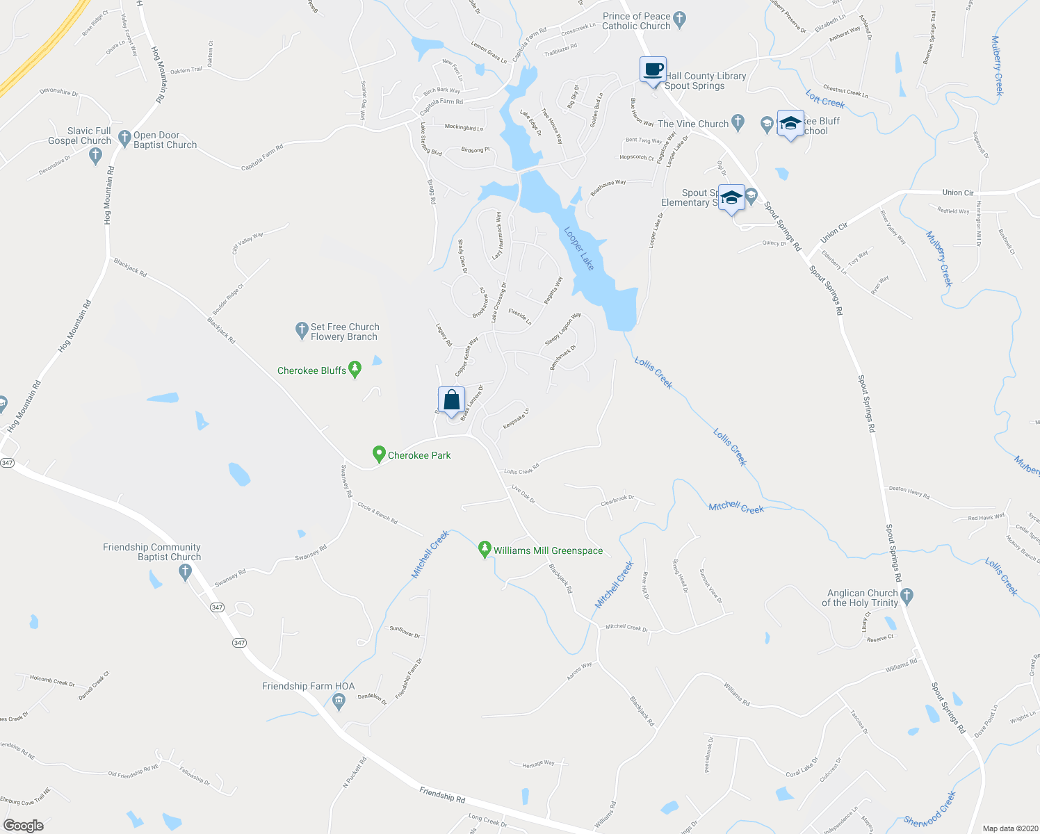 map of restaurants, bars, coffee shops, grocery stores, and more near 7844 Keepsake Lane in Flowery Branch