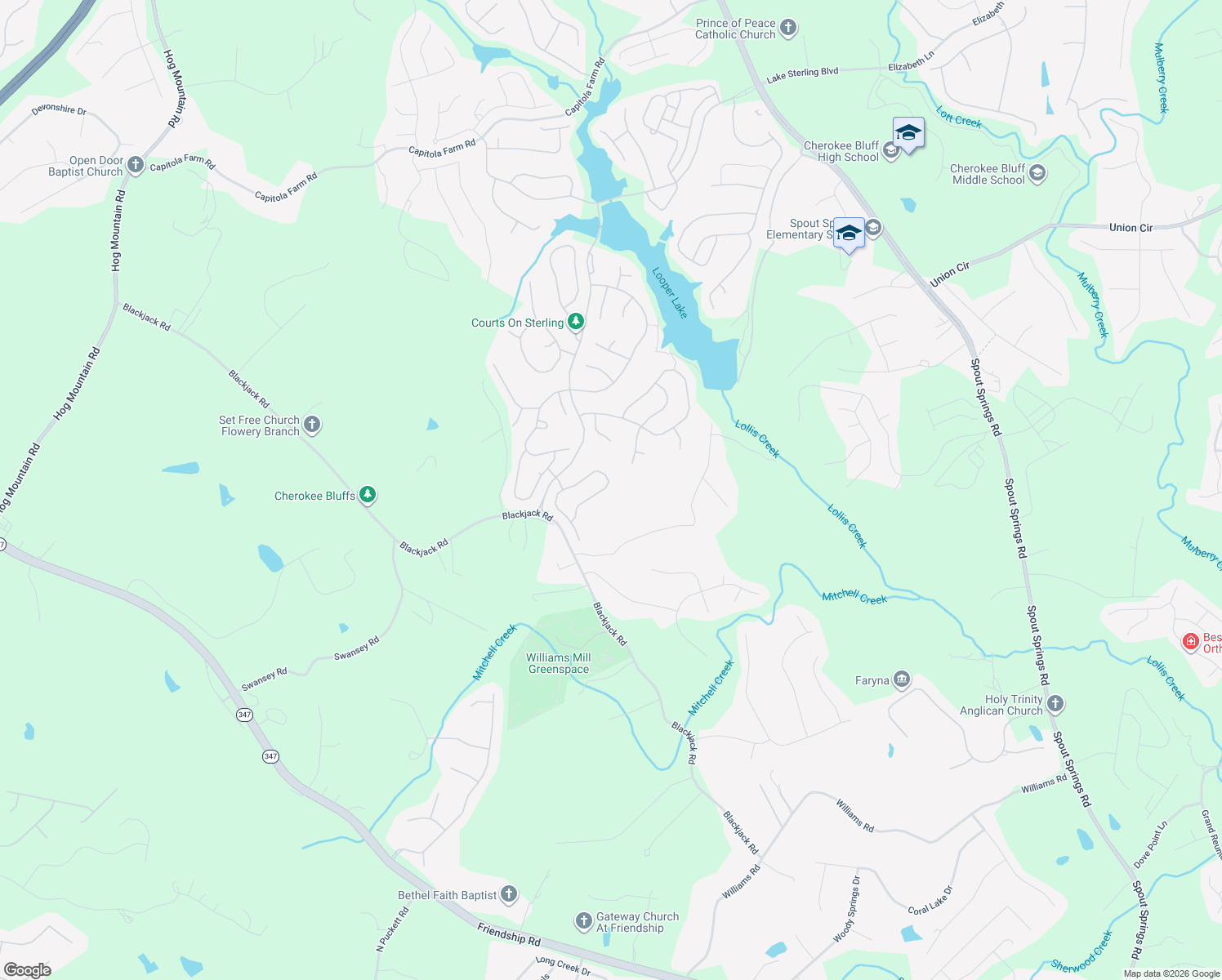 map of restaurants, bars, coffee shops, grocery stores, and more near 7852 Keepsake Lane in Flowery Branch