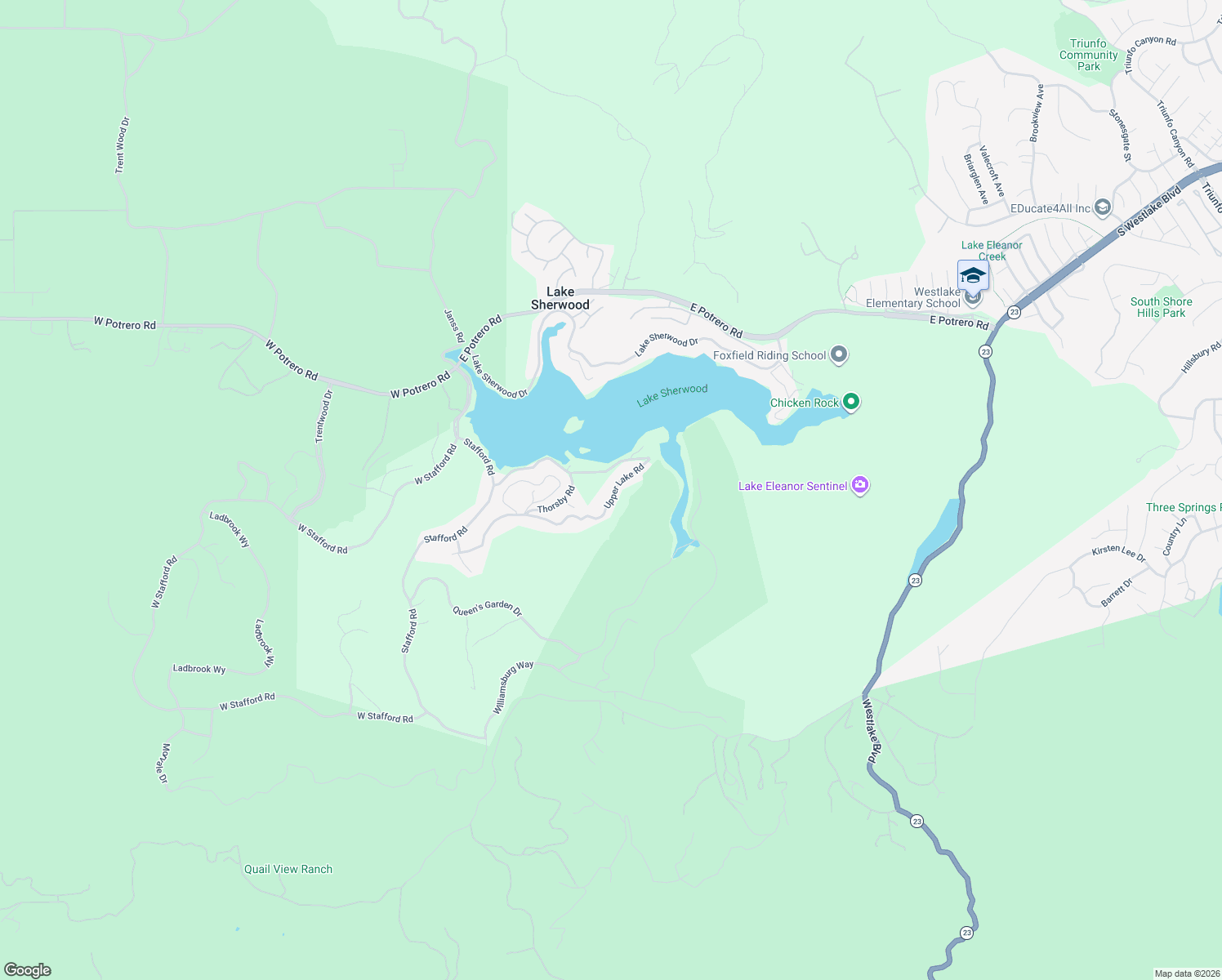 map of restaurants, bars, coffee shops, grocery stores, and more near 343 Upper Lake Road in Westlake Village