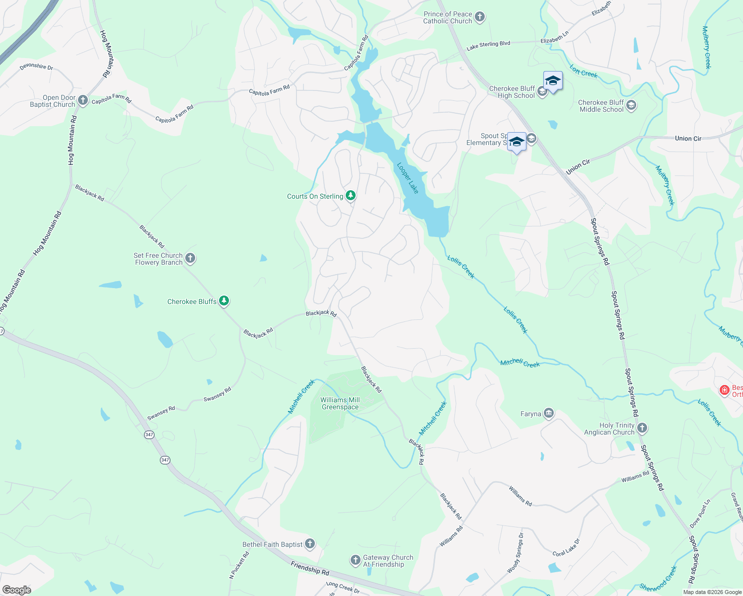 map of restaurants, bars, coffee shops, grocery stores, and more near 7852 Keepsake Lane in Flowery Branch