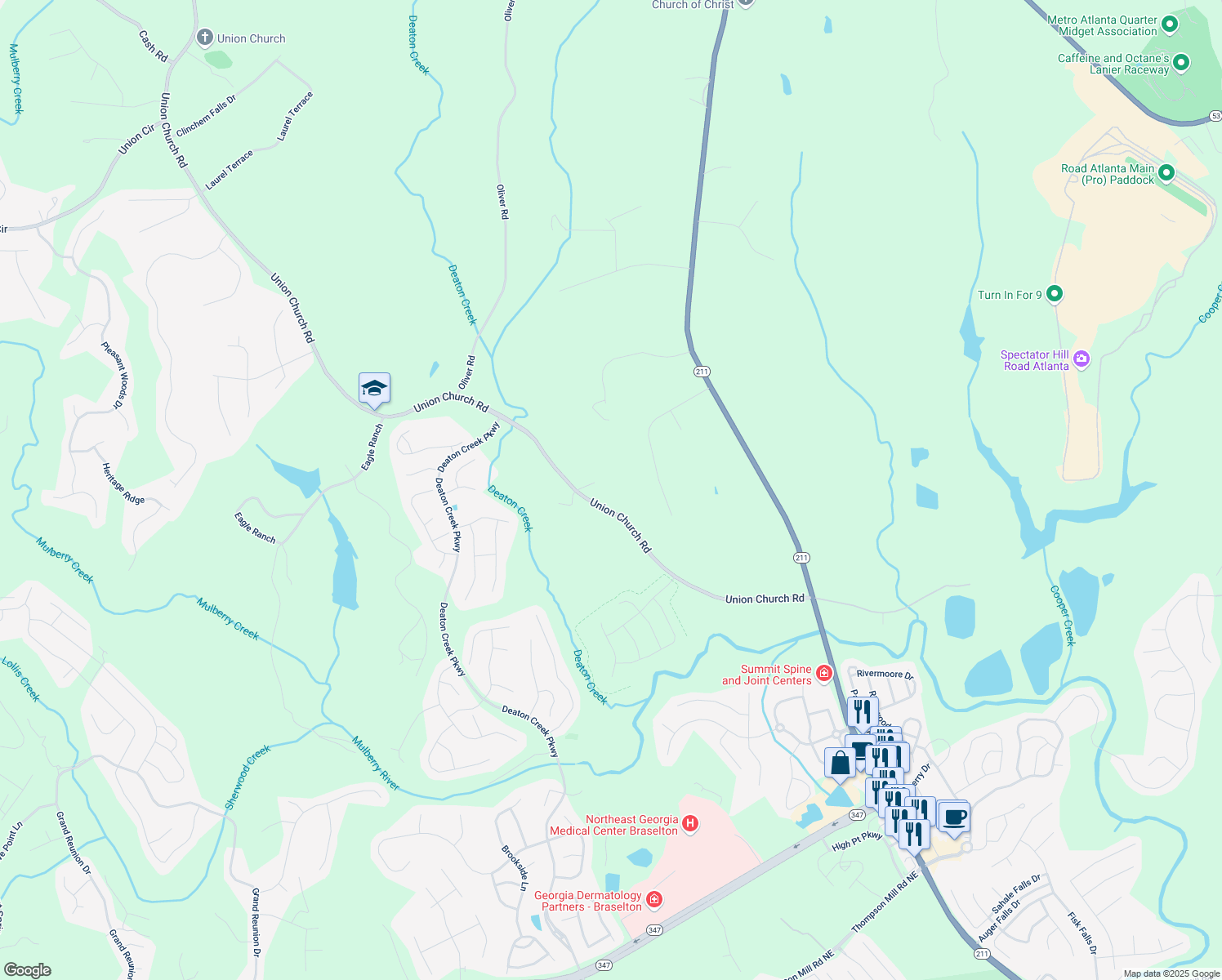 map of restaurants, bars, coffee shops, grocery stores, and more near 5757 Union Church Road in Braselton