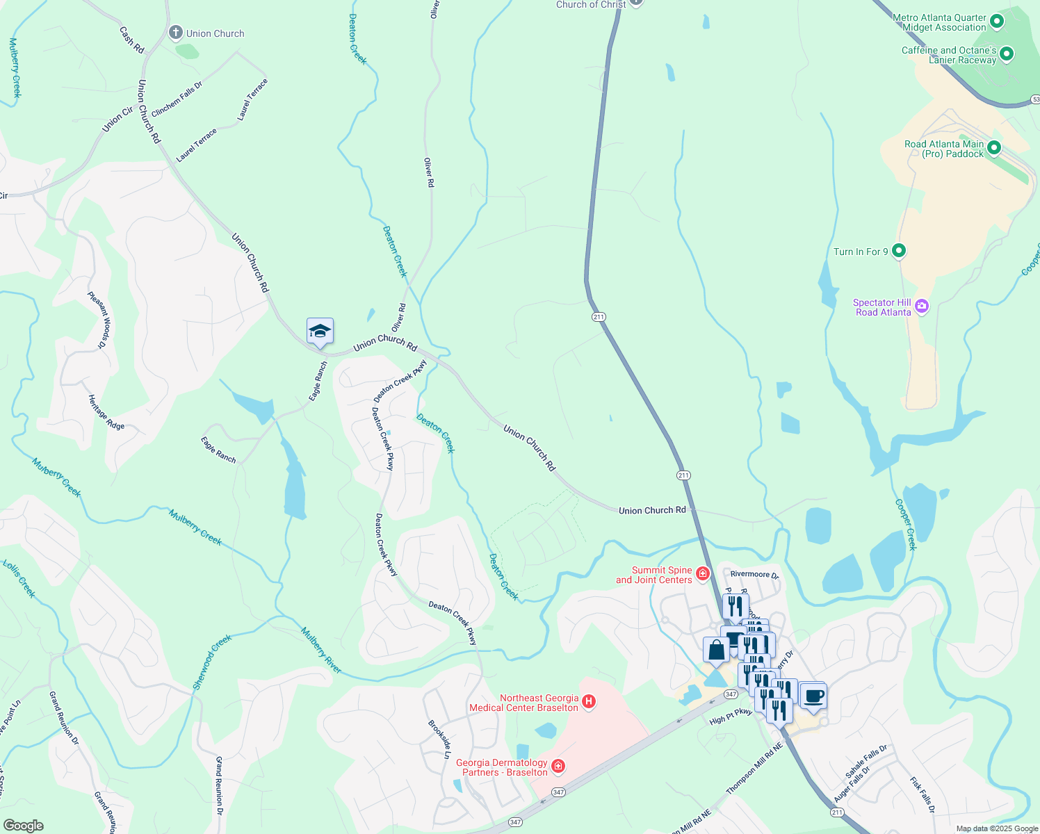 map of restaurants, bars, coffee shops, grocery stores, and more near 5753 Union Church Road in Braselton
