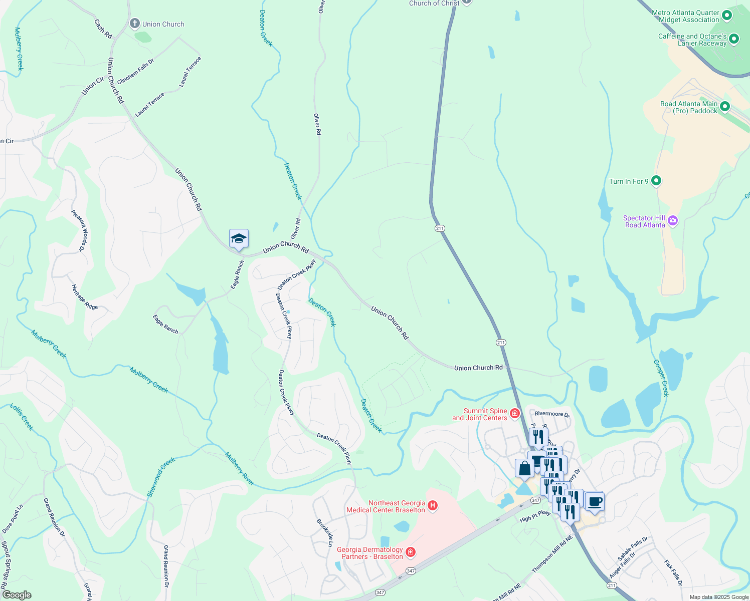 map of restaurants, bars, coffee shops, grocery stores, and more near 5745 Union Church Road in Braselton