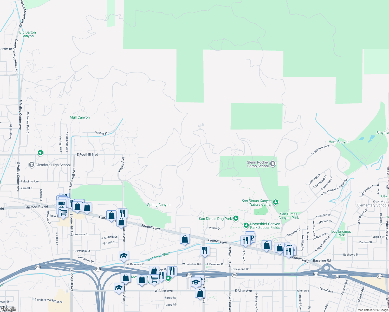 map of restaurants, bars, coffee shops, grocery stores, and more near 1628 Brasada Lane in San Dimas