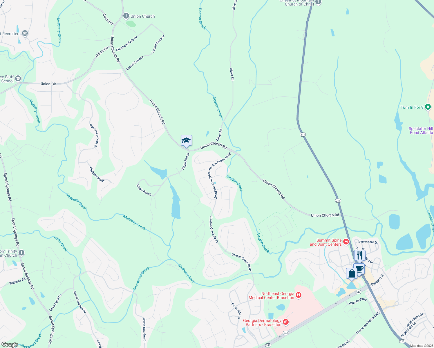 map of restaurants, bars, coffee shops, grocery stores, and more near 6706 Mill Rock Court in Hoschton