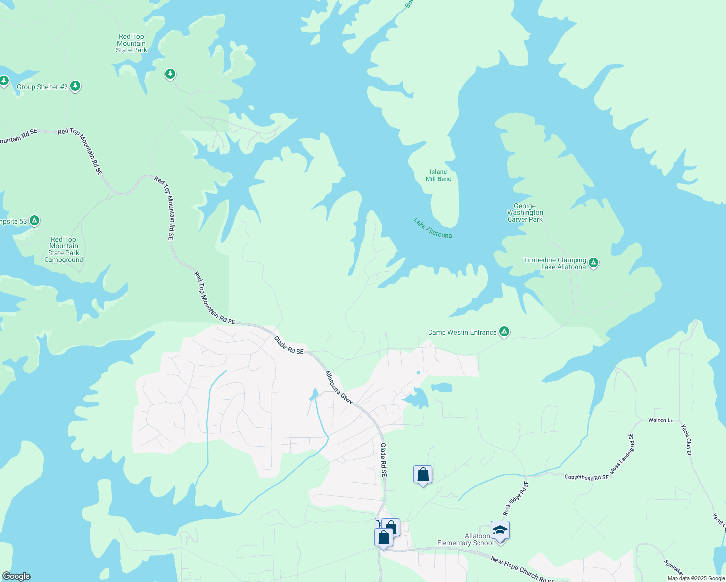 map of restaurants, bars, coffee shops, grocery stores, and more near Island Mill Road Southeast in Bartow County