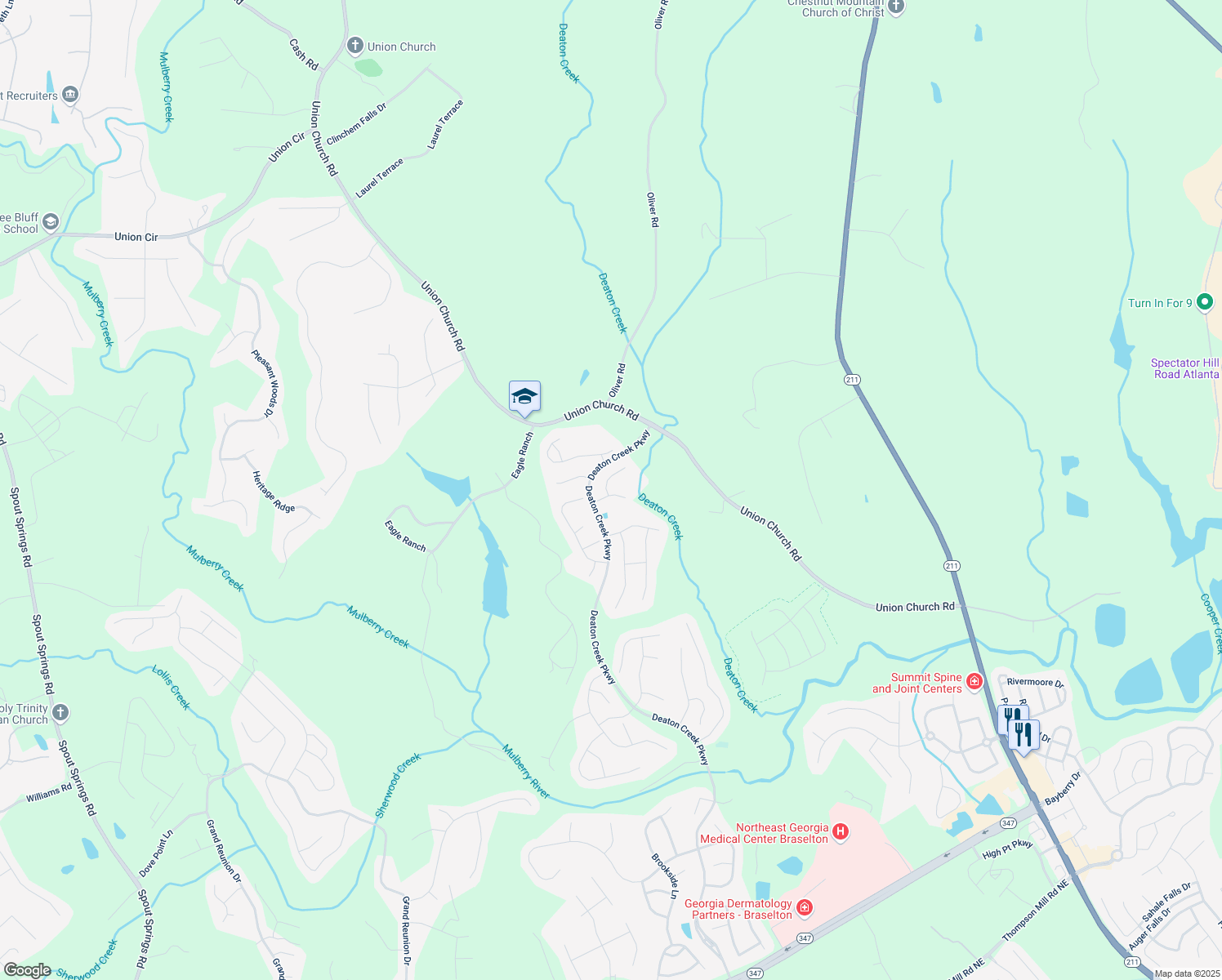 map of restaurants, bars, coffee shops, grocery stores, and more near 6706 Mill Rock Court in Hoschton