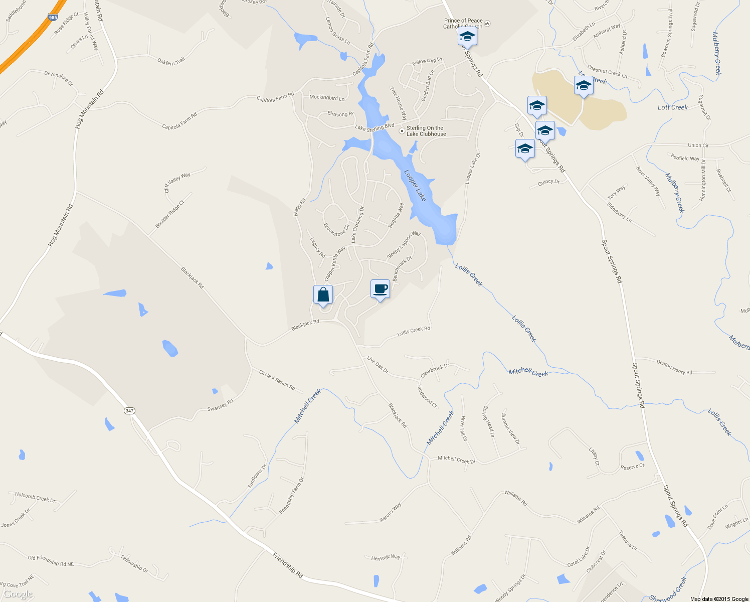 map of restaurants, bars, coffee shops, grocery stores, and more near 7863 Keepsake Ln in Flowery Branch