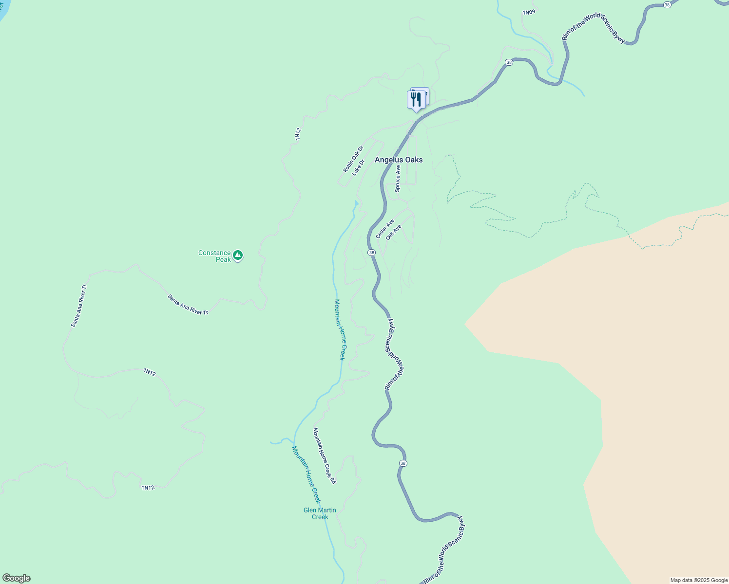 map of restaurants, bars, coffee shops, grocery stores, and more near California 38 in San Bernardino County