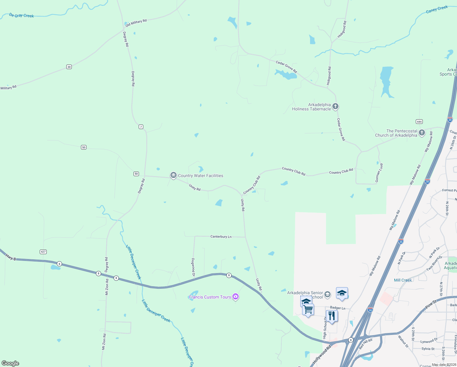 map of restaurants, bars, coffee shops, grocery stores, and more near 756 Unity Road in Arkadelphia
