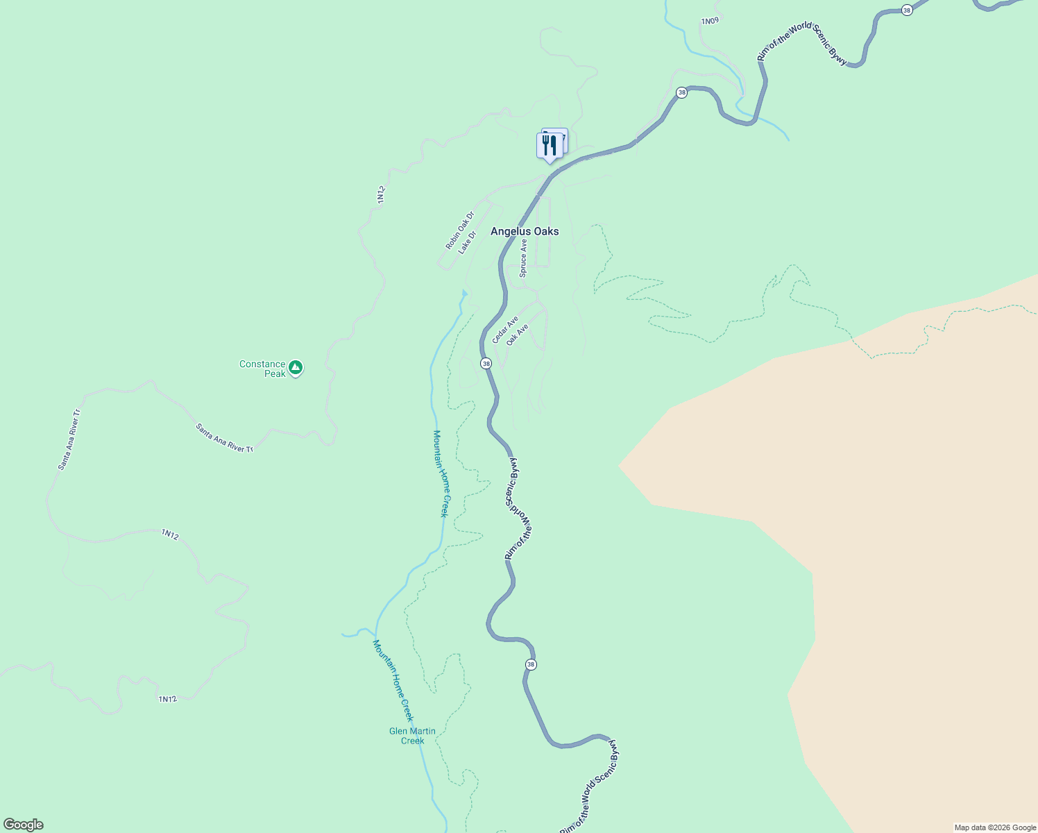 map of restaurants, bars, coffee shops, grocery stores, and more near 6429 Cedar Avenue in Angelus Oaks