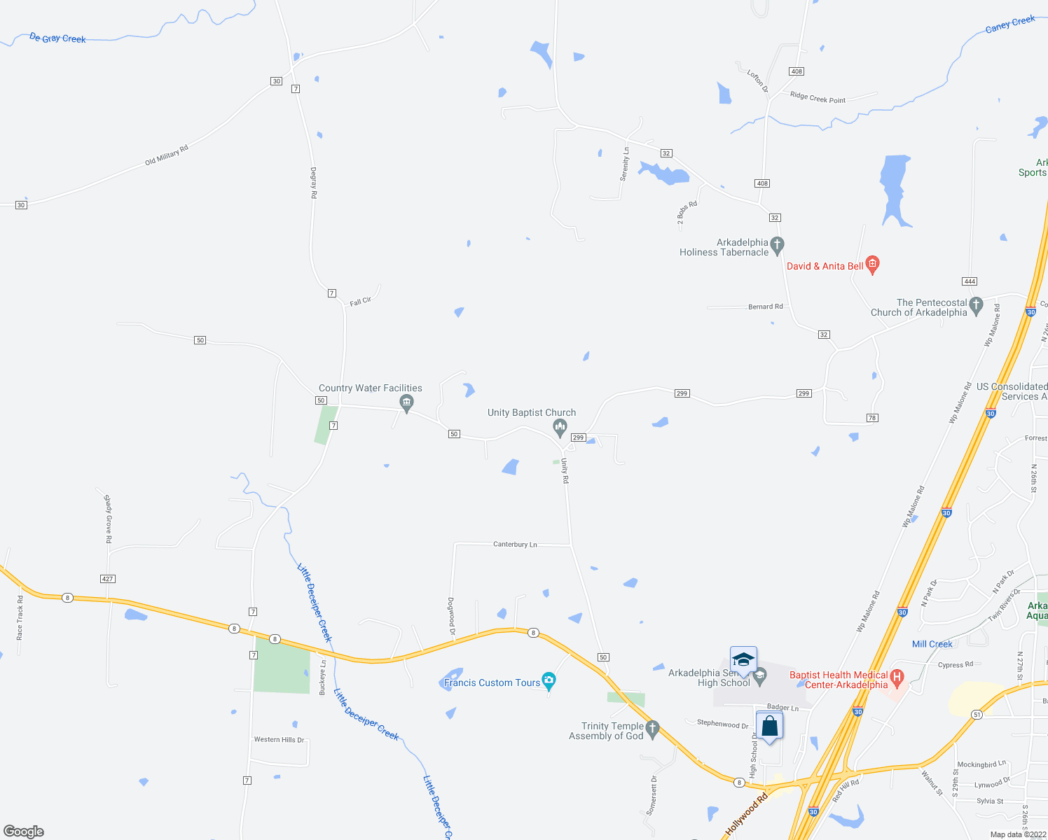 map of restaurants, bars, coffee shops, grocery stores, and more near 756 Unity Road in Arkadelphia