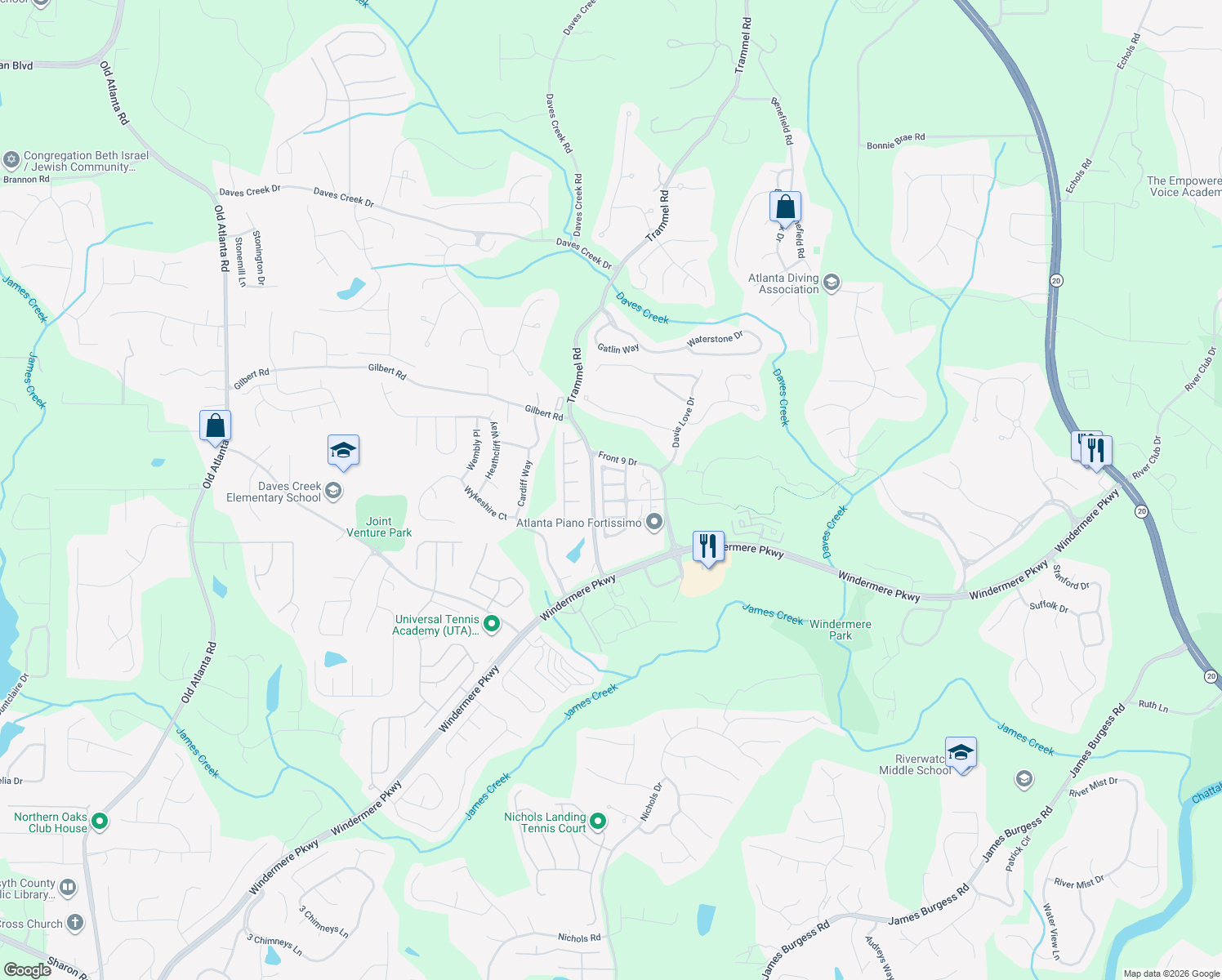 map of restaurants, bars, coffee shops, grocery stores, and more near 6135 Mapperley Ln in Cumming