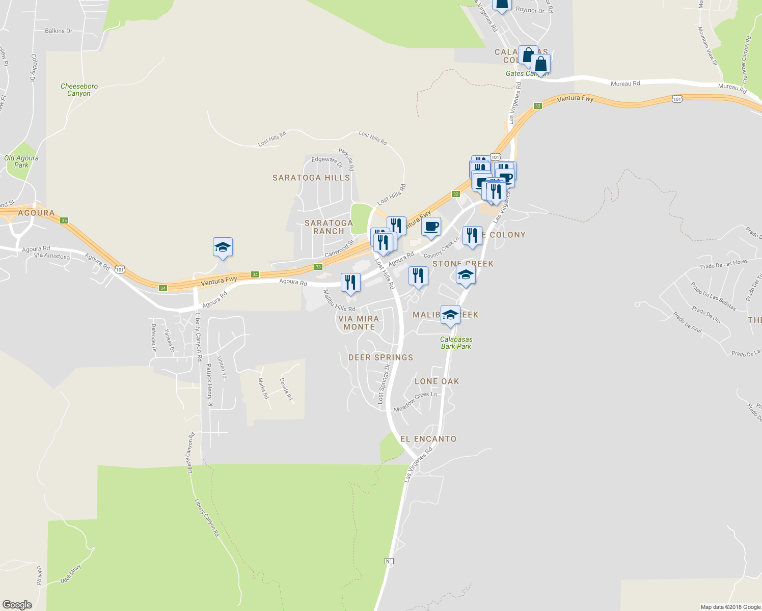 map of restaurants, bars, coffee shops, grocery stores, and more near 26823 Hot Springs Place in Agoura Hills
