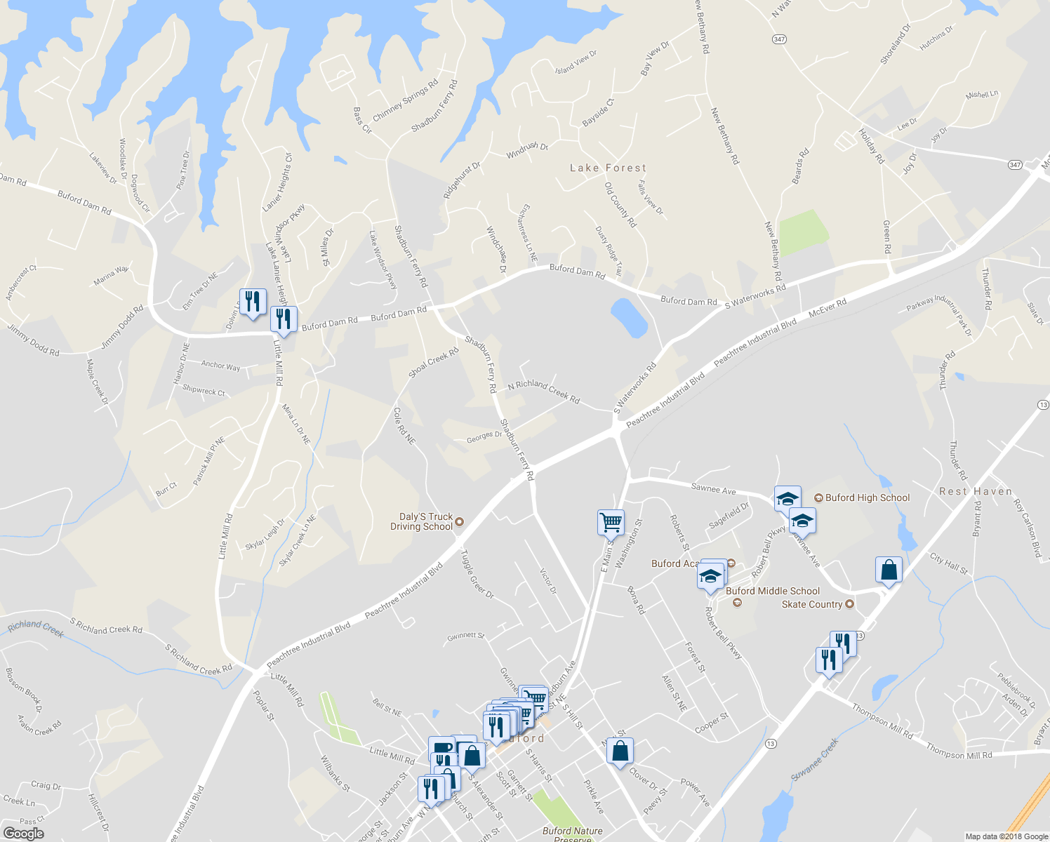 map of restaurants, bars, coffee shops, grocery stores, and more near 2438 Shad Burn Ferry Drive in Buford