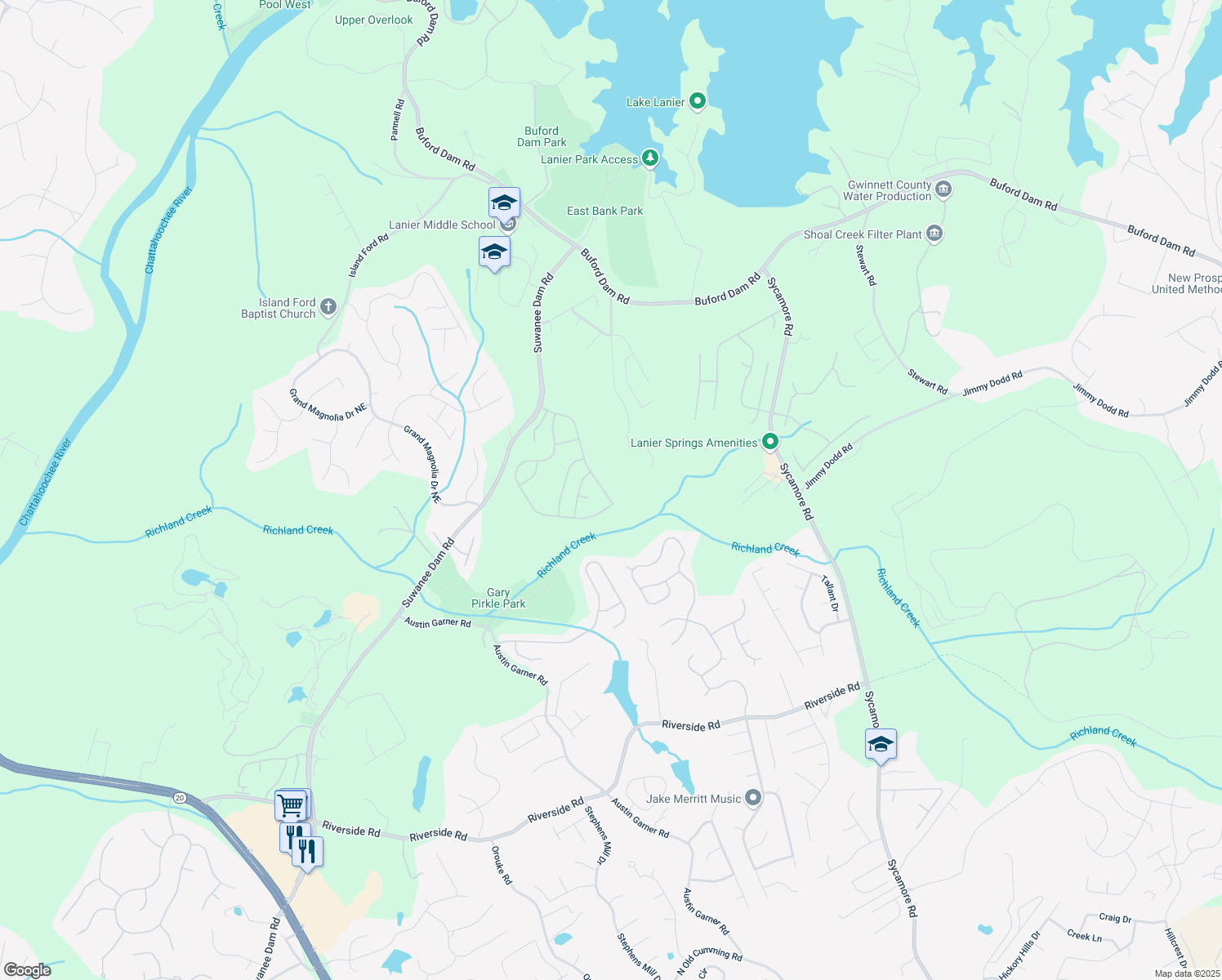 map of restaurants, bars, coffee shops, grocery stores, and more near 6298 Pierless Avenue Northeast in Sugar Hill