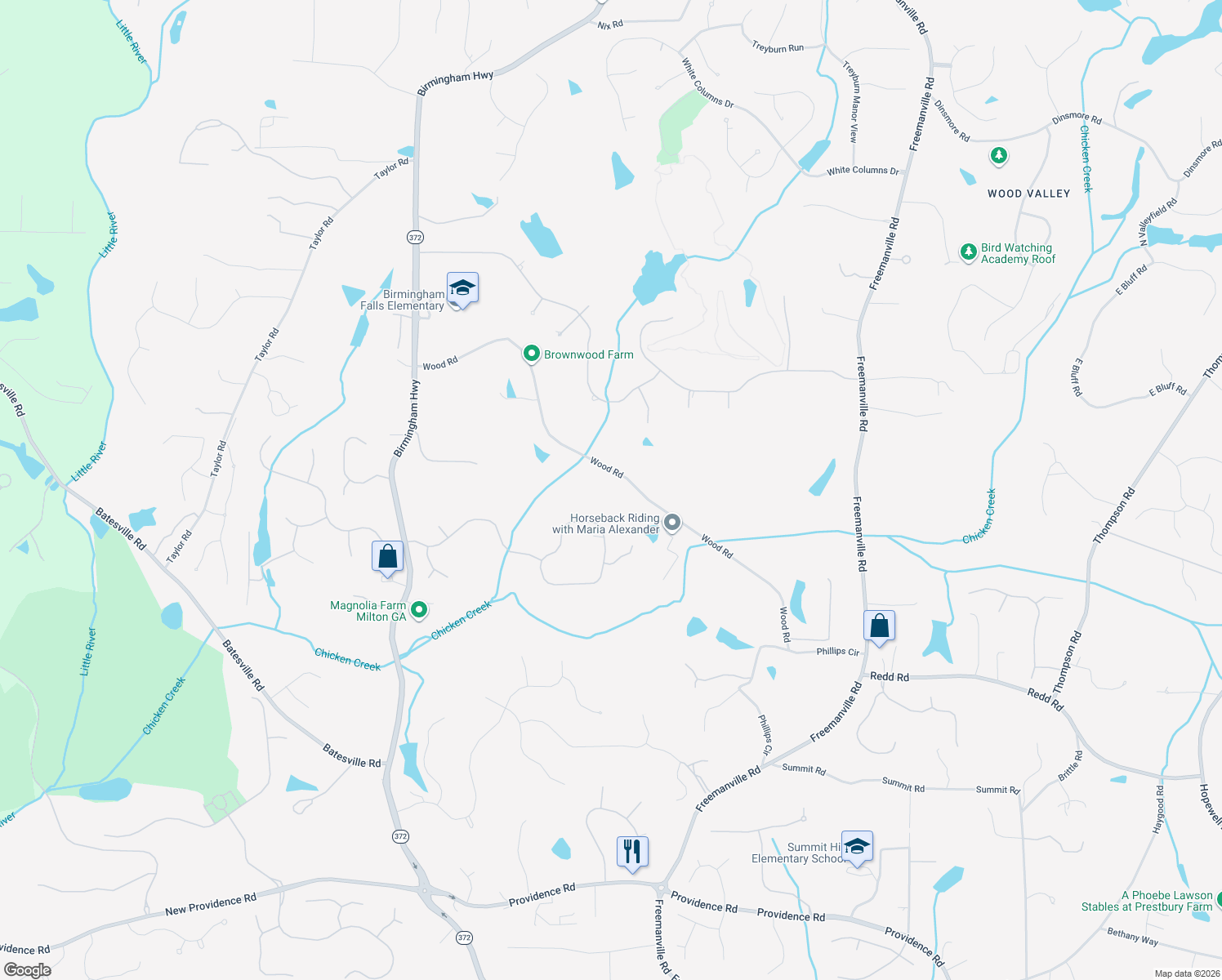 map of restaurants, bars, coffee shops, grocery stores, and more near 14560 Wood Road in Alpharetta