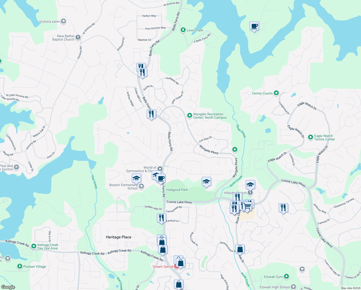 map of restaurants, bars, coffee shops, grocery stores, and more near 306 Wood Knoll Court in Woodstock