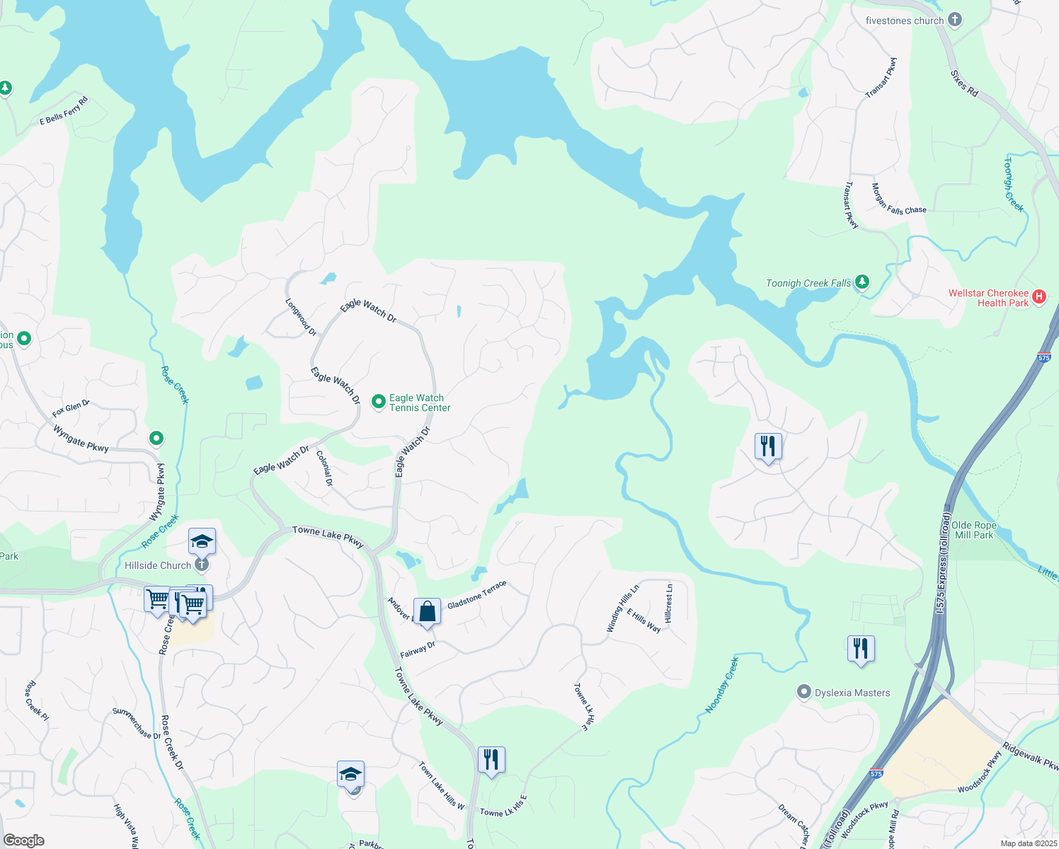 map of restaurants, bars, coffee shops, grocery stores, and more near 515 Deer Run Way in Woodstock