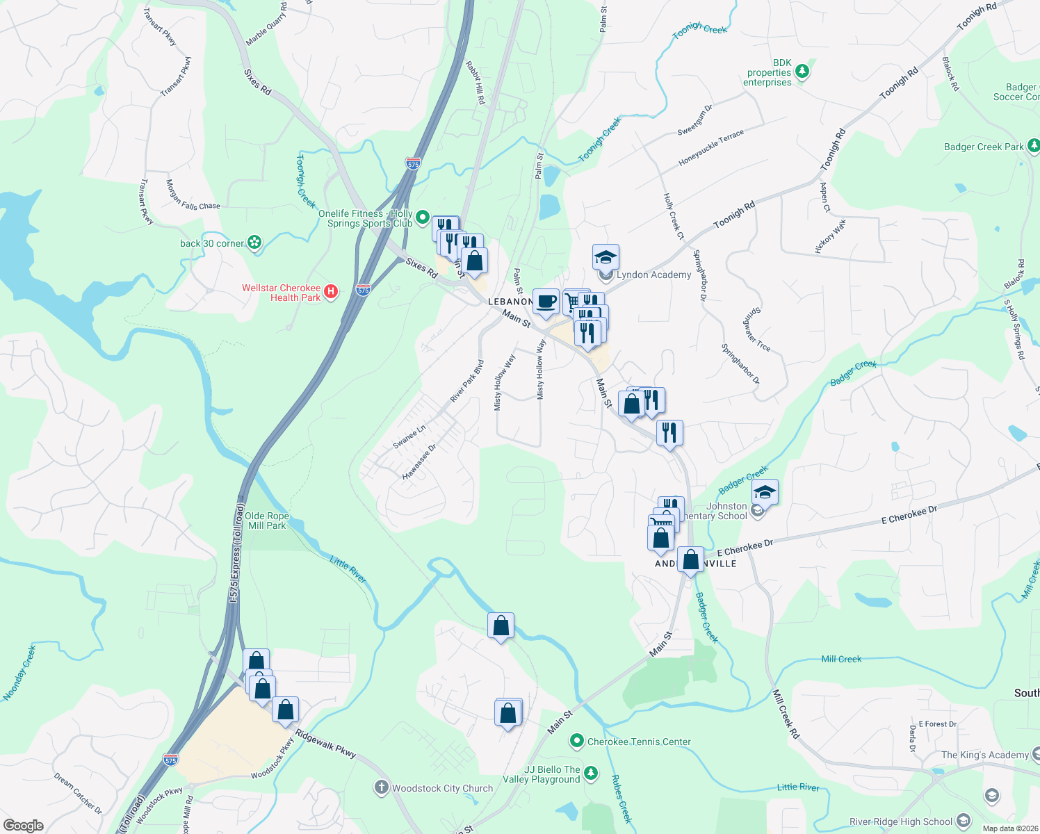 map of restaurants, bars, coffee shops, grocery stores, and more near 407 Gray Fox Ct in Woodstock