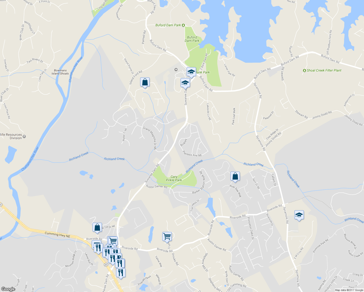 map of restaurants, bars, coffee shops, grocery stores, and more near 6631 Pierless Avenue Northeast in Sugar Hill