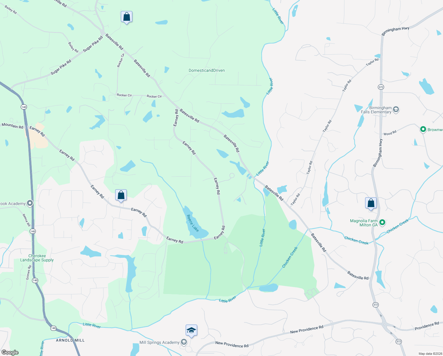 map of restaurants, bars, coffee shops, grocery stores, and more near 101 Waters Edge Drive in Woodstock