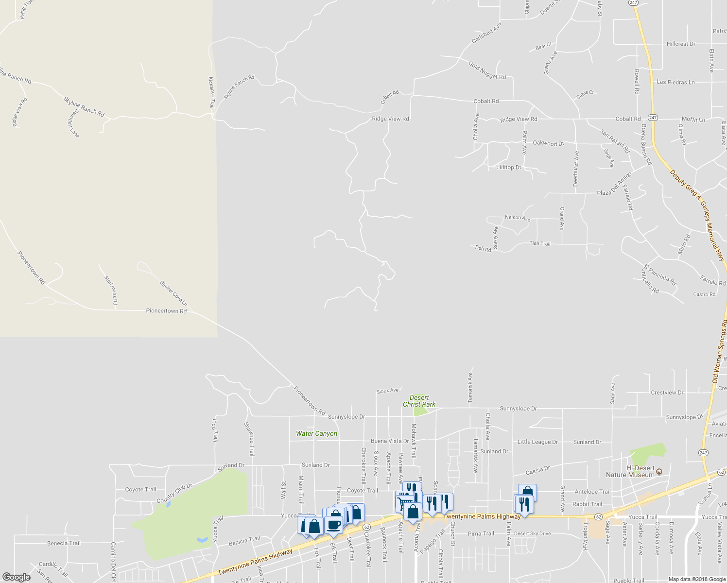 map of restaurants, bars, coffee shops, grocery stores, and more near 6385 Paseo Los Ninos in Yucca Valley