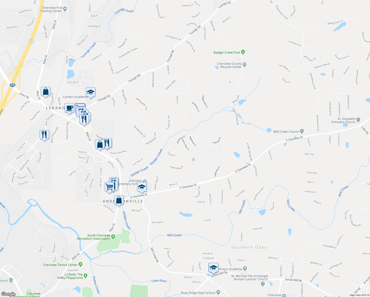 map of restaurants, bars, coffee shops, grocery stores, and more near 102 Arbor View Court in Woodstock