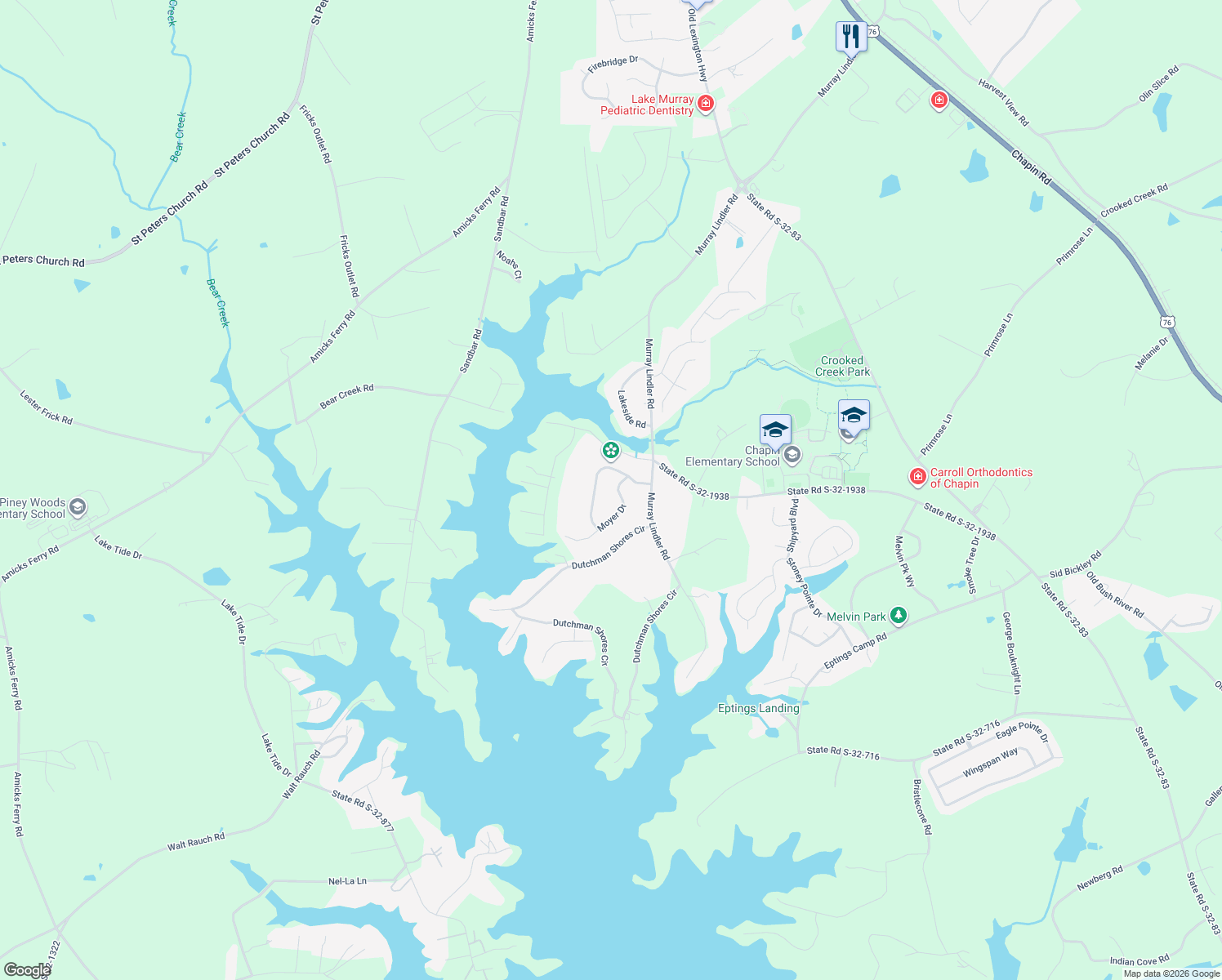 map of restaurants, bars, coffee shops, grocery stores, and more near 108 Moyer Dr in Chapin