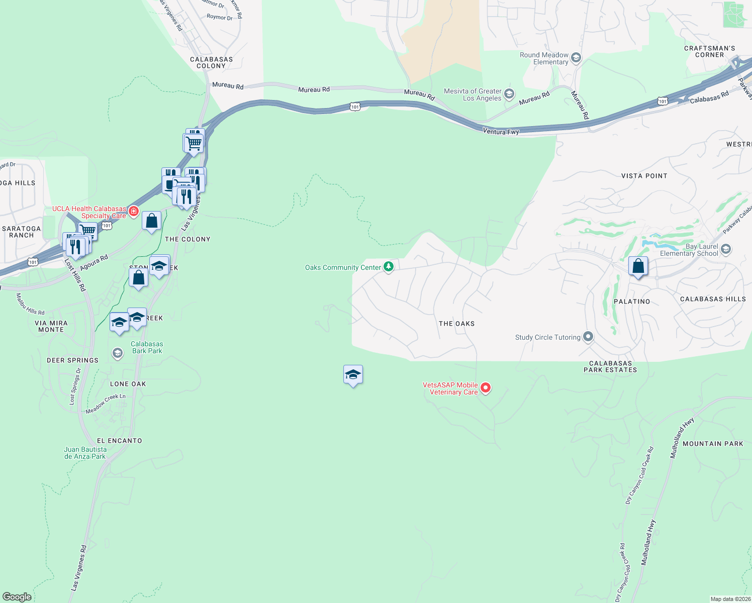 map of restaurants, bars, coffee shops, grocery stores, and more near 25551 Prado De Oro in Calabasas